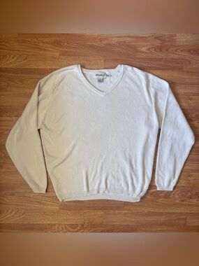 Vintage Eddie Bauer V Neck Sweater Mens XL Tall Ivory Cotton Knit Hong Kong